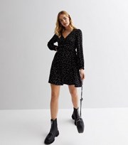 New Look Black Spot Jersey Ruched Frill Long Sleeve Mini Dress